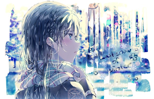 Anime picture 900x578 with dsmile single long hair blush fringe open mouth blue eyes black hair looking away braid (braids) inscription snowing winter close-up snow girl plant (plants) tree (trees) scarf snowflake (snowflakes)