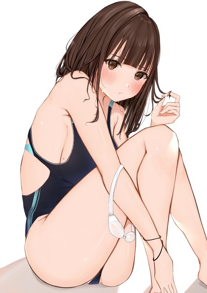 Anime picture 2828x4000 with original uiri-na single long hair tall image looking at viewer blush fringe highres breasts light erotic simple background brown hair white background sitting brown eyes bent knee (knees) blunt bangs barefoot mole