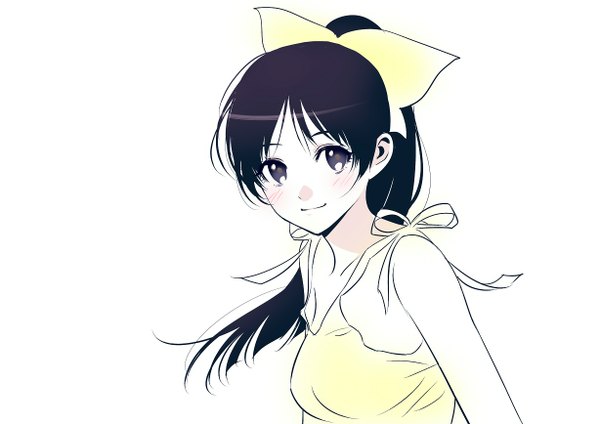 Anime picture 1228x868 with original morikura en single long hair looking at viewer blush black hair simple background white background bare shoulders ponytail light smile black eyes girl bow hair bow