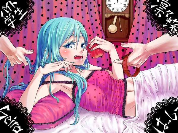 Anime picture 1000x750 with vocaloid romeo to cinderella (vocaloid) hatsune miku jaco long hair looking at viewer blush fringe open mouth light erotic hair between eyes bare shoulders holding payot lying nail polish aqua eyes aqua hair inscription midriff