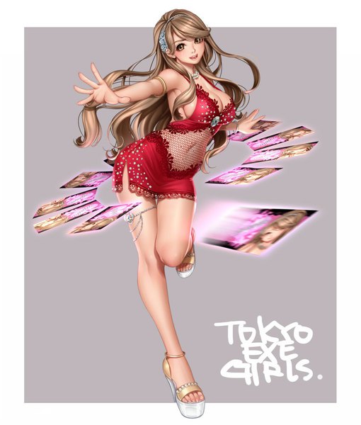 イラスト 850x1000 と tokyo exe girls 柾見ちえ ソロ 長髪 長身像 カメラ目線 前髪 おっぱい 開いた口 light erotic 笑顔 茶色の髪 大きな乳房 立つ 茶目 bent knee (knees) head tilt inscription copyright name glowing