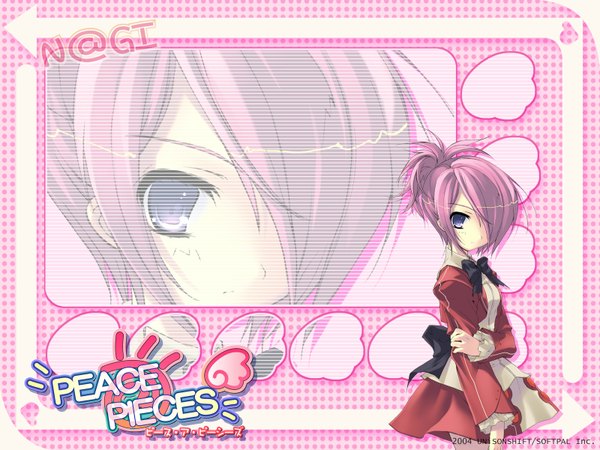 Anime picture 1600x1200 with peace@pieces akizuki nagi itou noiji single looking at viewer fringe short hair purple eyes pink hair hair over one eye copyright name character names zoom layer holding arm girl skirt miniskirt