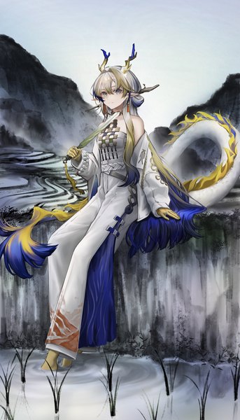 Anime picture 2508x4381 with arknights shu (arknights) mihaia single tall image looking at viewer fringe highres blue eyes hair between eyes sitting silver hair full body tail very long hair horn (horns) pointy ears dragon girl soaking feet dragon tail