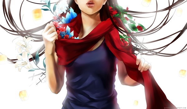 Anime picture 2550x1500 with yuuike single long hair highres open mouth simple background brown hair wide image white background holding signed hair flower lips glow girl hair ornament flower (flowers) scarf rose (roses) red rose