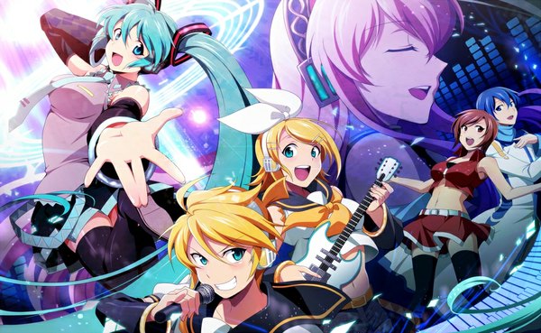 Anime picture 1000x615 with vocaloid hatsune miku megurine luka kagamine rin kagamine len kaito (vocaloid) meiko long hair blush short hair breasts open mouth blue eyes blonde hair brown hair wide image twintails multiple girls brown eyes green eyes