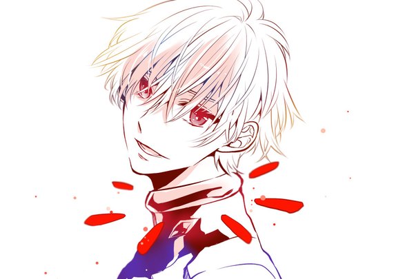 Anime picture 1000x676 with neon genesis evangelion gainax nagisa kaworu tarou (you-0512) single looking at viewer fringe short hair open mouth simple background hair between eyes red eyes white background upper body white hair turning head boy