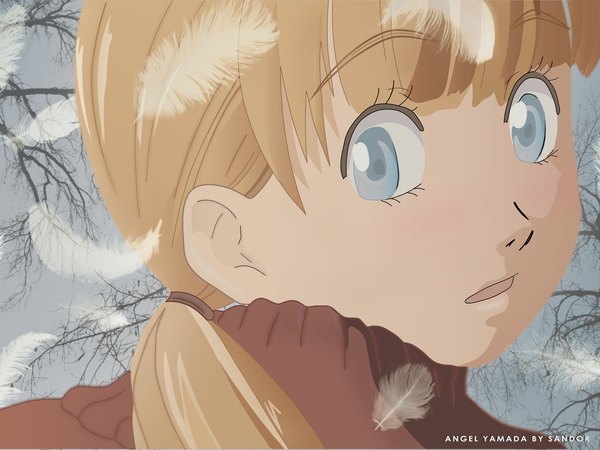 Anime picture 1600x1200 with honey and clover j.c. staff yamada ayumi single long hair blush fringe open mouth blue eyes blonde hair signed ponytail looking back close-up face third-party edit scared girl sweater feather (feathers)