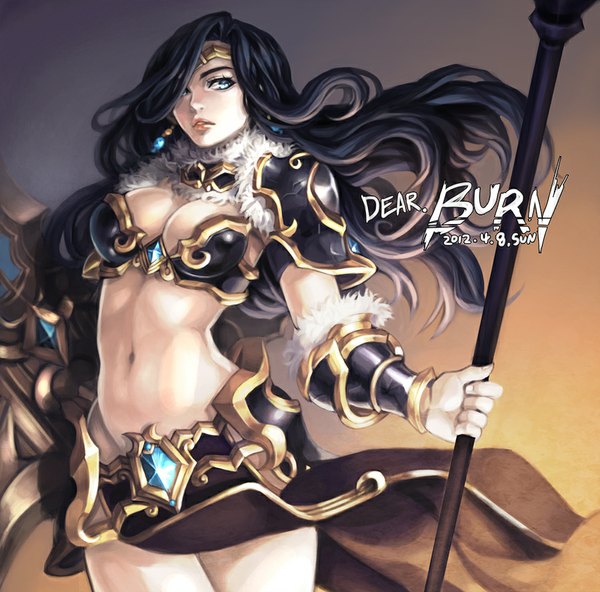 Anime picture 900x888 with league of legends sivir (league of legends) bbbox (hotpppink) single long hair breasts blue eyes light erotic black hair simple background looking away lips inscription bare belly midriff lipstick eyebrows red lipstick girl navel