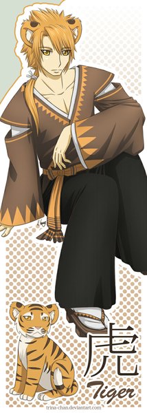 Anime picture 400x1120 with original trina-chan (artist) single long hair tall image looking at viewer fringe blonde hair sitting animal ears yellow eyes traditional clothes orange hair polka dot knees touching polka dot background personification tiger ears zodiac boy