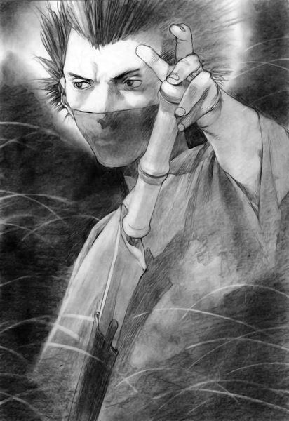 Anime picture 2064x3000 with blade of the immortal samura hiroaki single tall image highres short hair black hair black eyes monochrome weapon sword mask