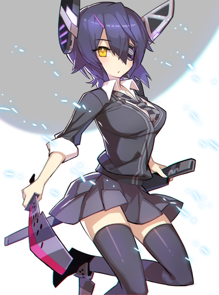 Anime picture 1117x1500 with kantai collection tenryuu light cruiser saitou naoki single tall image short hair hair between eyes looking away purple hair bent knee (knees) girl thighhighs uniform weapon black thighhighs school uniform sword katana eyepatch cardigan