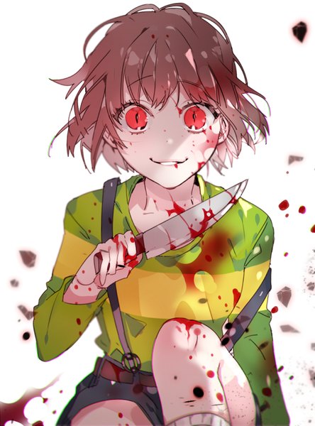 Anime picture 600x809 with undertale chara (undertale) piyo (ppotatto) single tall image looking at viewer fringe short hair simple background smile red eyes brown hair white background blood on face bloody clothes androgynous blood stains bloody weapon crazy smile yandere