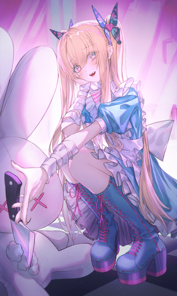 Anime picture 931x1552 with grimlight alice (grimlight) neon (pixiv 31150749) single long hair tall image looking at viewer blush open mouth blonde hair purple eyes twintails bent knee (knees) head tilt :d symbol-shaped pupils squat lacing checkered floor floor