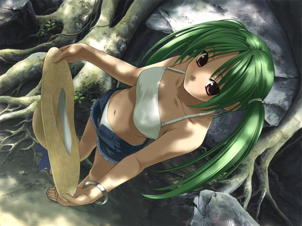 Anime picture 1280x960 with higurashi no naku koro ni studio deen twintails brown eyes green hair denim hat shorts short shorts straw hat denim shorts