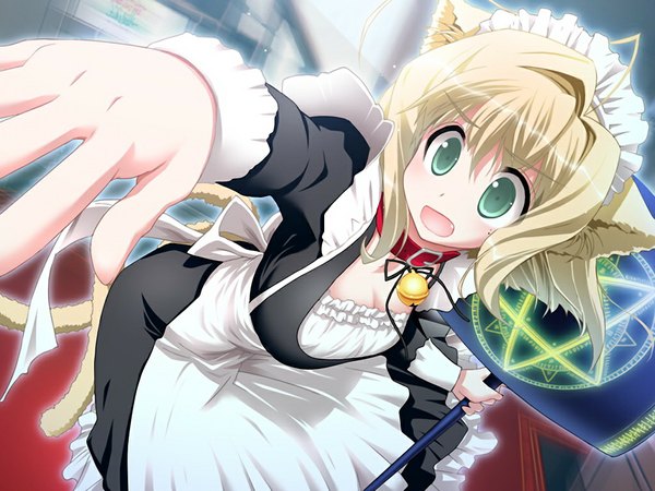 Anime picture 1024x768 with gengetsu no pandora amaizumi uni short hair blonde hair green eyes animal ears game cg tail cat ears maid girl