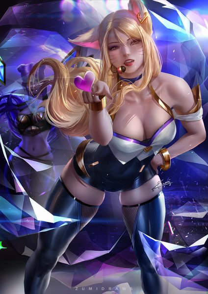 Anime picture 764x1080 with league of legends k/da (league of legends) ahri (league of legends) evelynn (league of legends) k/da ahri k/da evelynn zumi (zumidraws) long hair tall image looking at viewer fringe breasts open mouth light erotic blonde hair hair between eyes standing multiple girls signed animal ears