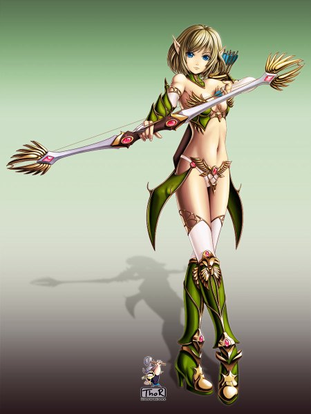 Anime picture 900x1200 with evilflesh (artist) single tall image looking at viewer short hair blue eyes light erotic pointy ears shadow elf girl navel underwear panties weapon staff bow (weapon) arrow (arrows)