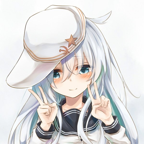 Anime picture 1000x1000 with kantai collection hibiki destroyer verniy destroyer azuuru single long hair blush blue eyes simple background white background silver hair looking down portrait victory hammer and sickle girl star (symbol) sailor suit flat cap