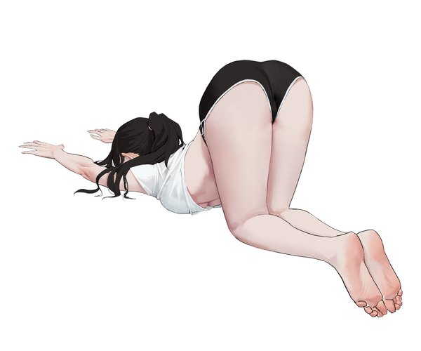 Anime picture 1800x1500 with original dongho kang single long hair highres breasts light erotic black hair simple background white background full body ass ponytail barefoot bare legs underboob soles top-down bottom-up girl shorts