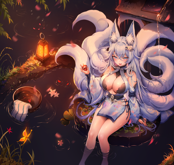 Anime picture 2000x1895 with original zerocat single long hair looking at viewer blush fringe highres breasts open mouth blue eyes light erotic smile hair between eyes large breasts sitting holding animal ears silver hair outdoors