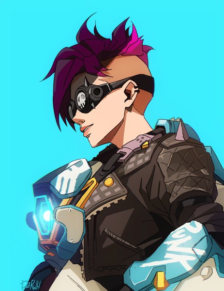 Anime picture 1000x1295 with overwatch blizzard entertainment tracer (overwatch) darwh single tall image short hair simple background signed purple hair upper body parted lips profile inscription open jacket piercing ear piercing blue background alternate hairstyle asymmetrical hair