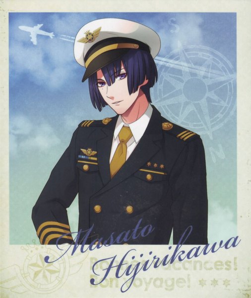 Anime picture 864x1024 with uta no prince-sama a-1 pictures hijirikawa masato single tall image looking at viewer short hair smile purple eyes blue hair sky cloud (clouds) framed boy uniform shirt necktie peaked cap blazer aircraft