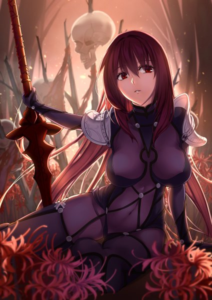 Anime picture 1000x1414 with fate (series) fate/grand order scathach (fate) (all) scathach (fate) jh single long hair tall image looking at viewer breasts light erotic red eyes purple hair girl flower (flowers) weapon sword bodysuit skull higanbana