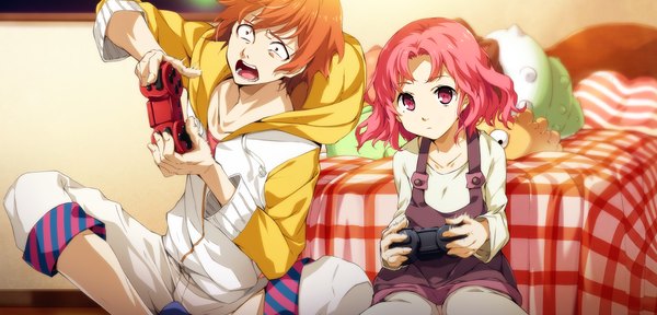 Anime picture 2250x1080 with soushuu senshinkan gakuen hachimyoujin tatsunobe ayumi oosugi harumitsu g yuusuke highres short hair open mouth wide image sitting purple eyes pink hair game cg orange hair loli girl boy bed