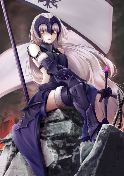 Anime picture 868x1228 with fate (series) fate/grand order jeanne d'arc (fate) (all) jeanne d'arc alter (fate) jeanne d'arc alter (avenger) (third ascension) (fate) gurifu single long hair tall image looking at viewer fringe breasts open mouth hair between eyes sitting bare shoulders yellow eyes silver hair wind shaded face