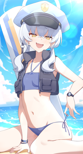 Anime picture 2565x4771 with blue archive valkyrie police academy student (blue archive) misyune single long hair tall image fringe highres open mouth light erotic hair between eyes sitting twintails yellow eyes sky silver hair cloud (clouds) outdoors :d beach