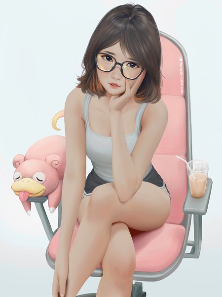Anime picture 2700x3600 with pokemon nintendo real life ditta amelia saraswati slowpoke jubi (regiana) single long hair tall image looking at viewer highres breasts light erotic simple background brown hair sitting bare shoulders signed cleavage parted lips