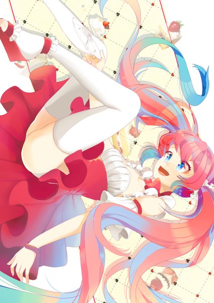 Anime picture 1133x1600 with vocaloid hatsune miku kakon single long hair tall image open mouth blue eyes light erotic twintails bare shoulders pink hair multicolored hair girl thighhighs dress white thighhighs frills sweets cake