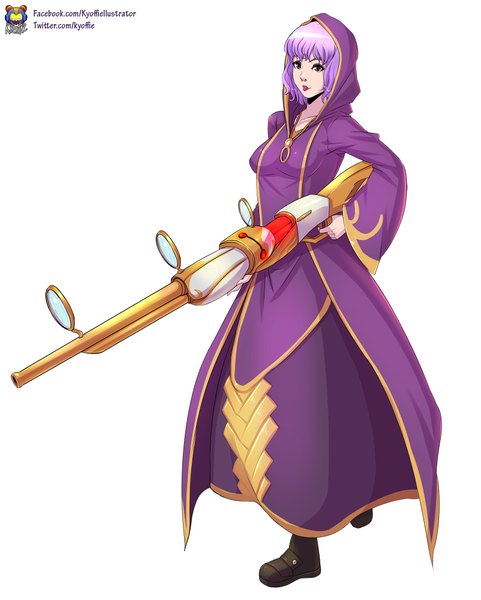 Anime picture 1603x2000 with league of legends summoner (league of legends) kyoffie12 single tall image short hair breasts simple background white background brown eyes purple hair lips girl weapon shoes gun clothes