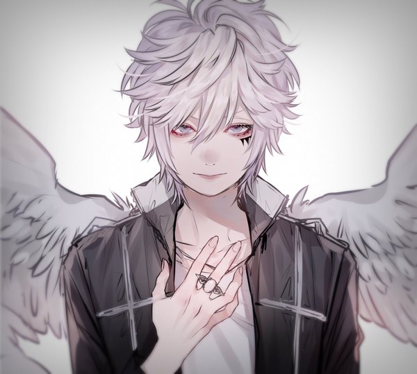 Anime picture 1995x1795 with katekyou hitman reborn byakuran oouti kila single looking at viewer fringe highres short hair simple background hair between eyes silver hair upper body blurry grey background open jacket facial mark hand on chest angel wings silver eyes popped collar
