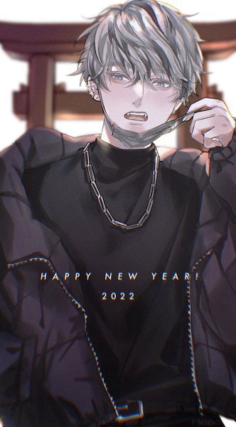 Anime picture 1620x2927 with original yin yang6 single tall image looking at viewer fringe short hair open mouth hair between eyes standing white background upper body long sleeves :d grey hair open jacket grey eyes piercing ear piercing new year