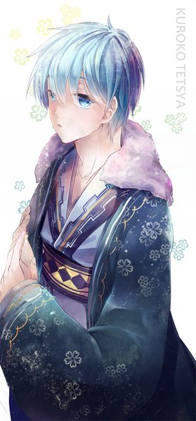 Anime picture 450x965 with kuroko no basket production i.g kuroko tetsuya salvia single tall image looking at viewer fringe short hair blue eyes simple background white background traditional clothes japanese clothes aqua hair wide sleeves character names floral print boy kimono