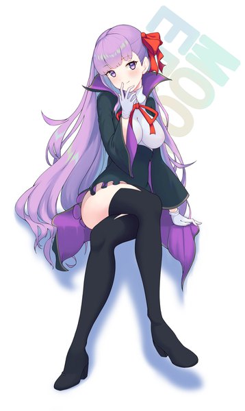 Anime picture 1059x1772 with fate (series) fate/grand order bb (fate) (all) bb (fate/extra) bilibilida single tall image blush fringe simple background smile white background sitting purple eyes purple hair full body very long hair arm support crossed legs finger to mouth