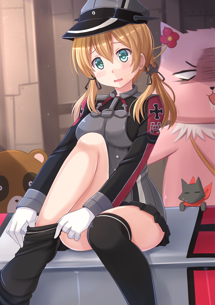 Anime picture 945x1337 with kantai collection amagi brilliant park nichijou kyoto animation prinz eugen (kantai collection) sakamoto (nichijou) tiramii (amaburi) kazenokaze long hair tall image blush open mouth blue eyes blonde hair twintails girl thighhighs black thighhighs animal cat