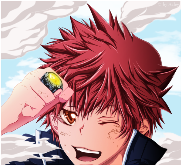 Anime picture 1000x914 with katekyou hitman reborn enma kozato azley single short hair open mouth smile brown eyes sky cloud (clouds) red hair one eye closed wink sunlight coloring portrait smoke face boy ring
