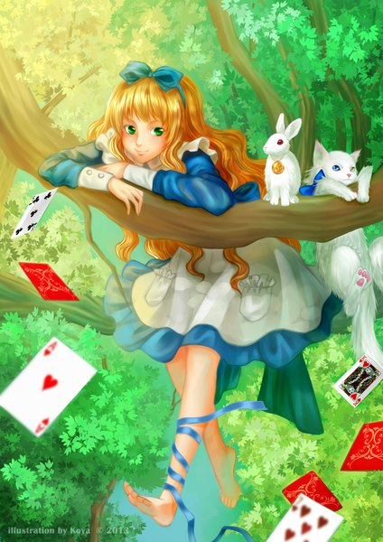 Anime picture 1240x1754 with alice in wonderland alice (wonderland) koya single long hair tall image blonde hair green eyes girl dress bow ribbon (ribbons) plant (plants) hair bow tree (trees) cat bunny card (cards)