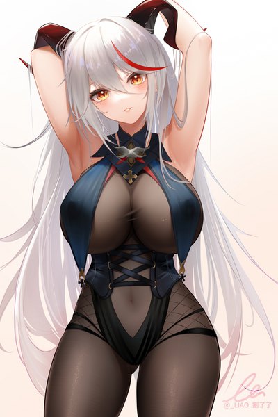 Anime picture 1283x1925 with azur lane aegir (azur lane) liu liaoliao single long hair tall image looking at viewer blush fringe breasts light erotic simple background smile hair between eyes large breasts standing signed payot silver hair head tilt
