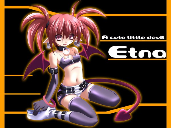 Anime picture 1600x1200 with disgaea etna (disgaea) nanamiso highres light erotic twintails red hair tail pantyshot wallpaper demon girl girl thighhighs gloves underwear panties wings elbow gloves