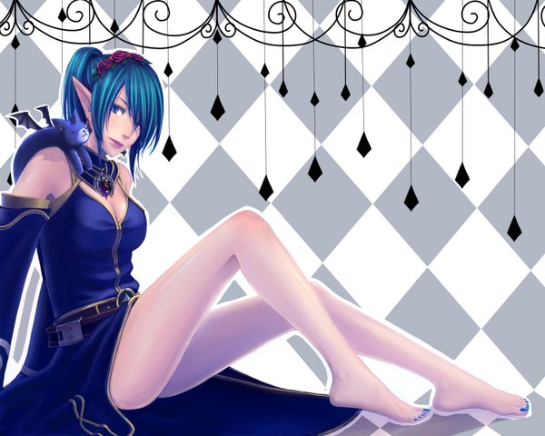 Anime picture 1500x1200 with master of epic konoe3 single short hair blue eyes blue hair ponytail barefoot hair flower pointy ears legs girl hair ornament detached sleeves cat