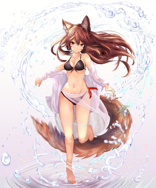 Anime picture 1345x1620 with touhou imaizumi kagerou houdukixx single long hair tall image looking at viewer fringe breasts light erotic simple background hair between eyes red eyes brown hair standing bare shoulders animal ears full body bent knee (knees) tail