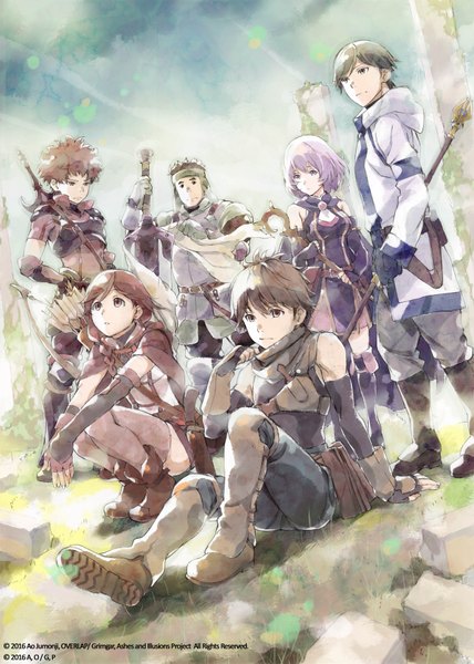 Anime picture 2500x3508 with hai to gensou no grimgar a-1 pictures yume (grimgar) shihoru (grimgar) haruhiro (grimgar) ranta (grimgar) manato (grimgar) mogzo (grimgar) long hair tall image fringe highres short hair brown hair standing sitting purple eyes bare shoulders multiple girls brown eyes