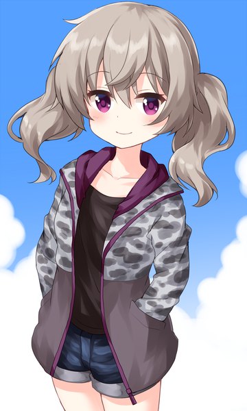 Anime picture 900x1500 with slow loop yoshinaga koi ruu (tksymkw) single long hair tall image looking at viewer blush fringe smile hair between eyes standing purple eyes twintails sky cloud (clouds) grey hair open jacket hands in pockets girl
