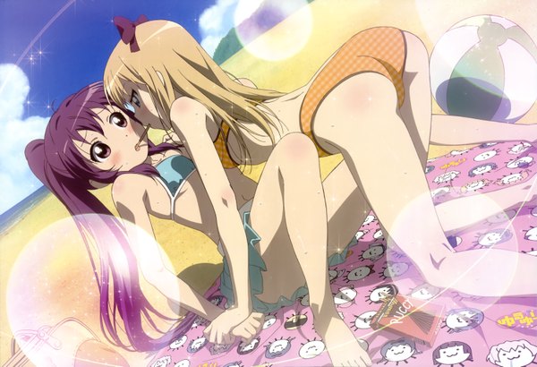 Anime picture 5966x4083 with yuru yuri doga kobo nyantype toshinou kyouko sugiura ayano long hair blush highres light erotic blonde hair purple eyes multiple girls green eyes absurdres purple hair ponytail official art beach shoujo ai pocky kiss