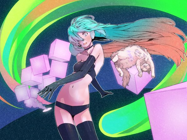 Anime picture 1333x1000 with vocaloid hatsune miku guitar (artist) single long hair looking at viewer blush fringe open mouth blue eyes light erotic standing twintails bare shoulders multicolored hair wind hair over one eye aqua hair teeth girl