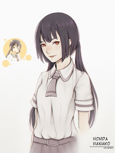Anime picture 2473x3300 with asobi asobase honda hanako liya nikorov long hair tall image looking at viewer fringe highres open mouth black hair simple background white background twintails multiple girls signed upper body light smile orange eyes character names low twintails