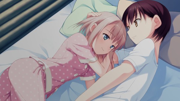 Anime picture 1920x1080 with imouto no katachi chimari mima highres short hair blue eyes black hair blonde hair wide image game cg lying couple girl boy pajamas